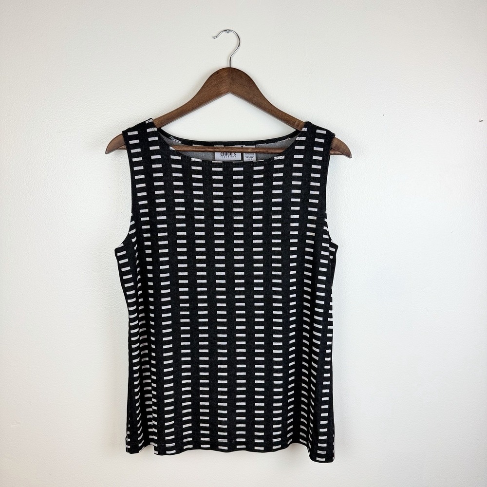 Chico's Travelers Women's Top Blouse Black White Size 2 Large 12 Comfortable